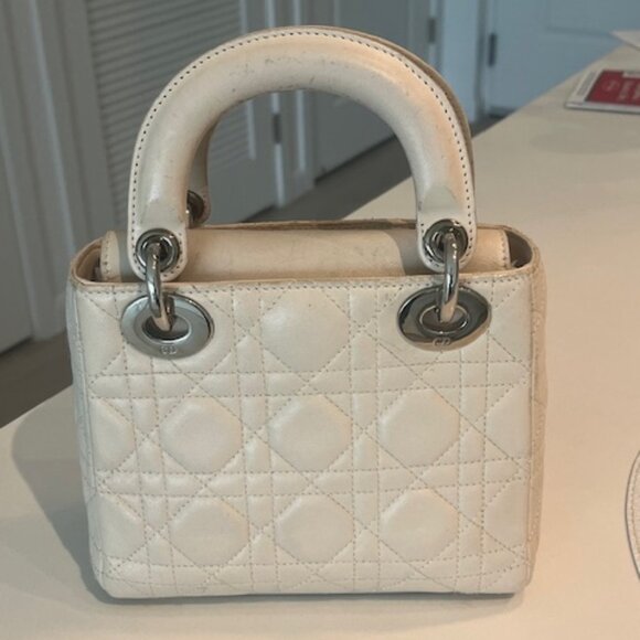 Auth SMALL LADY DIOR Cannage Quilted Leather Bag in LATTE Cream, Silver Hardware - Picture 13 of 15